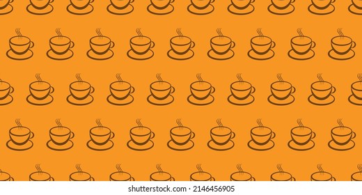 Lots of Brown Coffee Cup or Soup Bowl Icons - Seamless Pattern on Wide Scale Orange Background - Design Template in Editable Vector Format