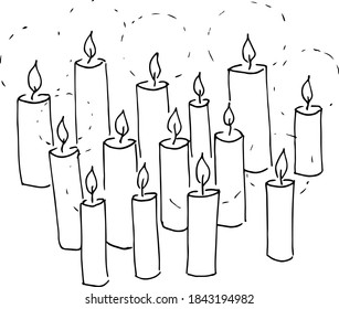 Lots of burning candles. Drawing of candles.