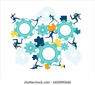 Lots of business people running over the gears, rotating them. Working together
