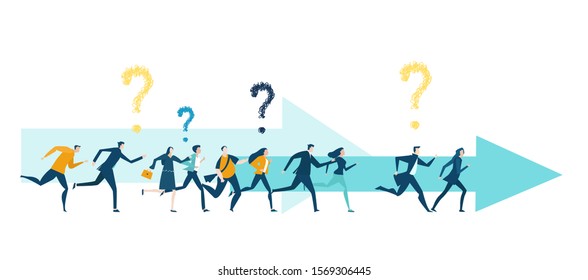 Lots of business people running with question marks. Future opportunity, better salary, education, competitive business environment. 