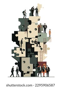 Lots of business people work with big puzzle pieces, make complicated construction. Business concept illustration