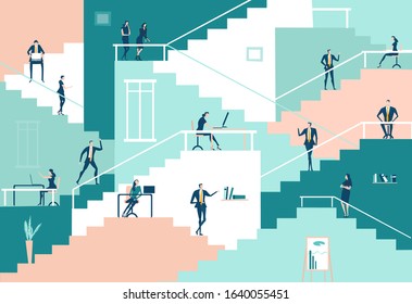 Lots of business people working in office. Office space with lots of stairs, connection every level and department, making working process open and transparent. Business control and support concept. 
