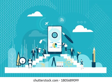  Lots of business people working together around mobile device. Developers building mobile apps, technology, global business, internet community. Business concept illustration.