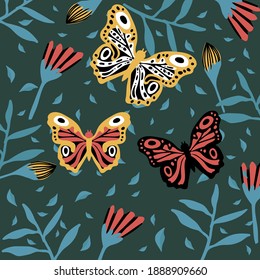 Lots of butterflies in the tropics. Colorful insects fly near the flowers. Doodle picture of soaring, colored, antennae, winged in nature. For your exotic spring or summer poster design.