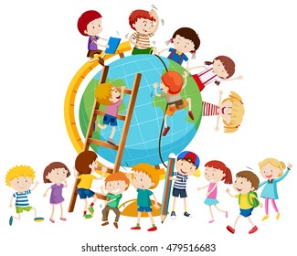 Lots of children around the globe illustration