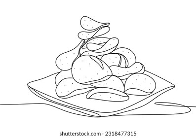 Lots of chips on a flat plate. National Junk Food Day. One line drawing for different uses. Vector illustration.