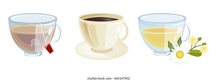 Lots of coffee in different cups - coffee time. Beverage hot breakfast morning coffee. Morning tea drink mug. Espresso caffeine beverage cups of coffee. Vector illustration set of coffee and tea cups.