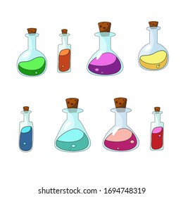 muchas botellas coloreadas con diferentes líquidos al estilo de las caricaturas