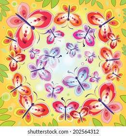 Lots of colorful butterflies flying to light on orange background with green leaves