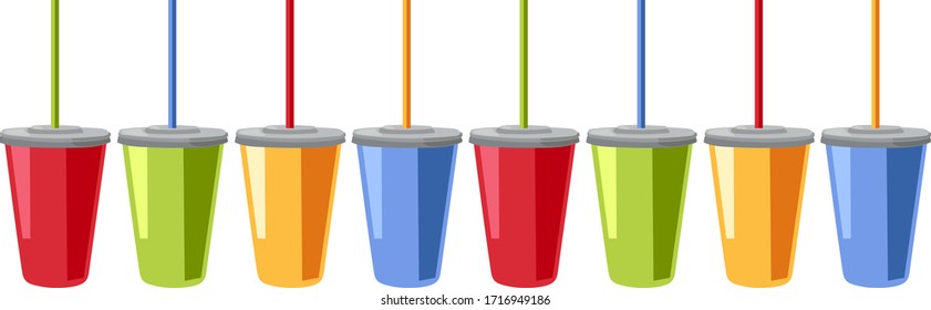 Lots of colorful cups with soda straws on a white background. Long banner. Vector drawing.