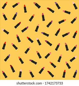 Lots of colorful lipsticks on a yellow background.