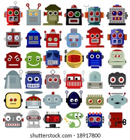 Viele bunte Roboterköpfe. Inspiriert von den Retro-Robotern der 50er und 60er Jahre.