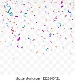 Lots of colorful tiny confetti and ribbons on transparent background. Festive event and party. Multicolor background.Colorful bright confetti isolated on transparent background. 