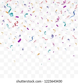 Lots of colorful tiny confetti and ribbons on transparent background. Festive event and party. Multicolor background.Colorful bright confetti isolated on transparent background. 