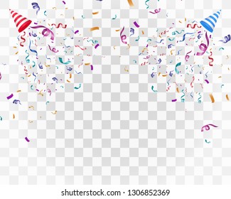 Lots of colorful tiny confetti and ribbons on transparent background. Festive event and party. Multicolor background.Colorful bright confetti isolated on transparent background