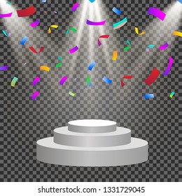 Lots of colorful tiny confetti and ribbons on transparent background. Festive event and party. Multicolor background. Colorful bright confetti isolated on the podium.