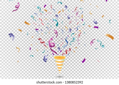 Lots of colorful tiny confetti and ribbons on transparent background. Festive event and party. Multicolor background.Colorful bright confetti isolated on transparent background