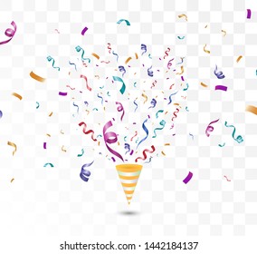 Lots of colorful tiny confetti and ribbons on transparent background. Festive event and party. Multicolor background.Colorful bright confetti isolated on transparent background
