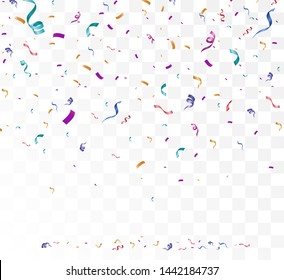 Lots of colorful tiny confetti and ribbons on transparent background. Festive event and party. Multicolor background.Colorful bright confetti isolated on transparent background