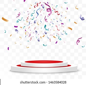 Lots of colorful tiny confetti and ribbons on transparent background. Festive event and party. Multicolor background. Colorful bright confetti isolated on the podium.