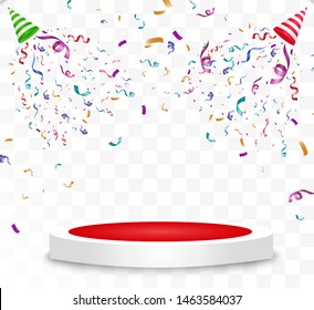 Lots of colorful tiny confetti and ribbons on transparent background. Festive event and party. Multicolor background. Colorful bright confetti isolated on the podium.