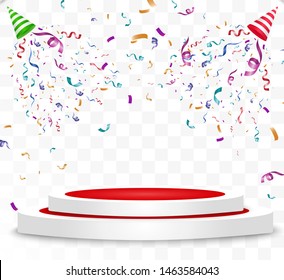 Lots of colorful tiny confetti and ribbons on transparent background. Festive event and party. Multicolor background. Colorful bright confetti isolated on the podium.