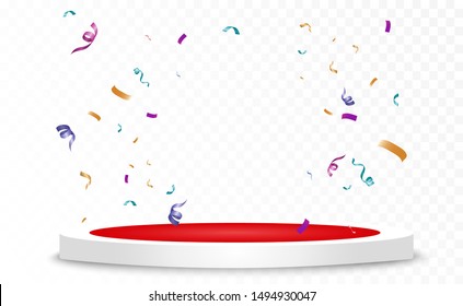 Lots of colorful tiny confetti and ribbons on transparent background. Festive event and party. Multicolor background. Colorful bright confetti isolated on the podium.
