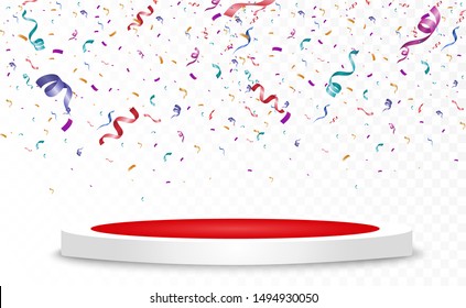 Lots of colorful tiny confetti and ribbons on transparent background. Festive event and party. Multicolor background. Colorful bright confetti isolated on the podium.