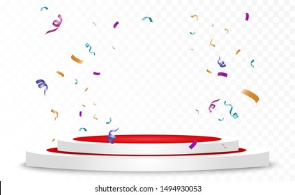 Lots of colorful tiny confetti and ribbons on transparent background. Festive event and party. Multicolor background. Colorful bright confetti isolated on the podium.