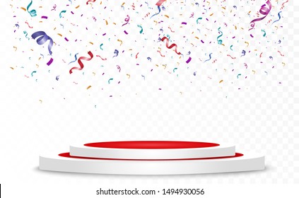 Lots of colorful tiny confetti and ribbons on transparent background. Festive event and party. Multicolor background. Colorful bright confetti isolated on the podium.