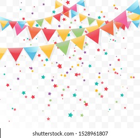 Lots of colorful tiny confetti and ribbons on transparent background. Festive event and party.  