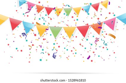 Lots of colorful tiny confetti and ribbons on transparent background. Festive event and party.  
