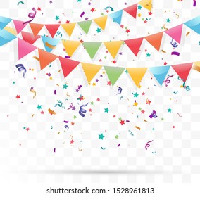 Lots of colorful tiny confetti and ribbons on transparent background. Festive event and party.  