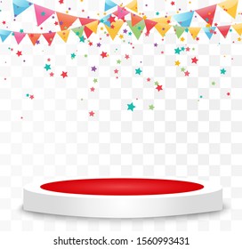 Lots of colorful tiny confetti and ribbons on transparent background. Festive event and party. Multicolor background. Colorful bright confetti isolated on the podium.