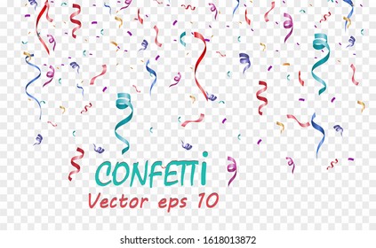 Lots of colorful tiny confetti and ribbons on transparent background. Festive event and party. Multicolor background.Colorful bright confetti isolated on transparent background