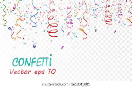 Lots of colorful tiny confetti and ribbons on transparent background. Festive event and party. Multicolor background.Colorful bright confetti isolated on transparent background
