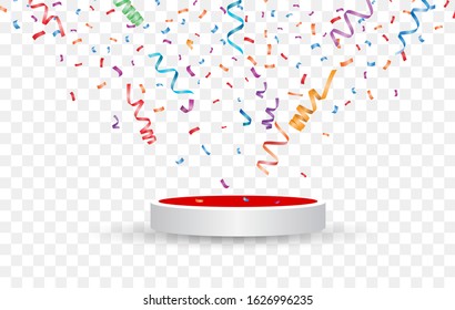 Lots of colorful tiny confetti and ribbons on transparent background. Festive event and party.