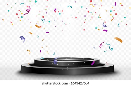 Lots of colorful tiny confetti and ribbons on transparent background. Festive event and party. Multicolor background. Colorful bright confetti isolated on the podium.
