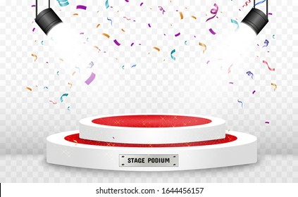Lots of colorful tiny confetti and ribbons on transparent background. Festive event and party. Multicolor background. Colorful bright confetti isolated on the podium.