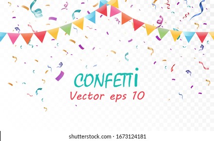 Lots of colorful tiny confetti and ribbons on transparent background. Festive event and party. Multicolor background.Colorful bright confetti isolated on transparent background