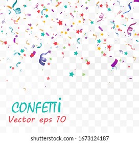 Viele farbenfrohe kleine Konfetti und Bänder auf transparentem Hintergrund. Festliche Veranstaltung und Feier. mehrfarbiger Hintergrund.Farbige, helle Konfetti einzeln auf transparentem Hintergrund
