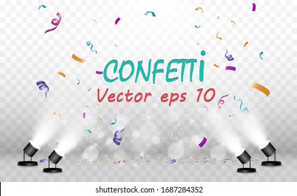 Lots of colorful tiny confetti and ribbons on transparent background. Festive event and party. Multicolor background.Colorful bright confetti isolated on transparent background	