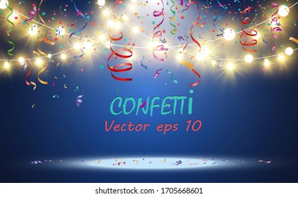 Montones de diminutos y coloridos confetti y cintas sobre un fondo transparente. Acto festivo y fiesta. Fondo multicolor.Confeti colorido y brillante aislado en fondo transparente