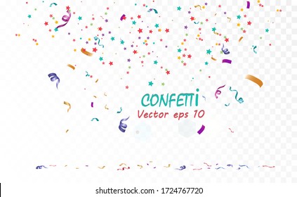 Lots of colorful tiny confetti and ribbons on transparent background. Festive event and party. Multicolor background.Colorful bright confetti isolated on transparent background