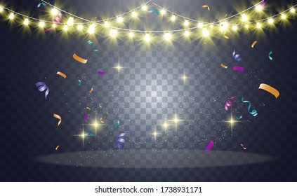 Lots of colorful tiny confetti and ribbons on transparent background. Festive event and party. Multicolor background.Colorful bright confetti isolated on transparent background