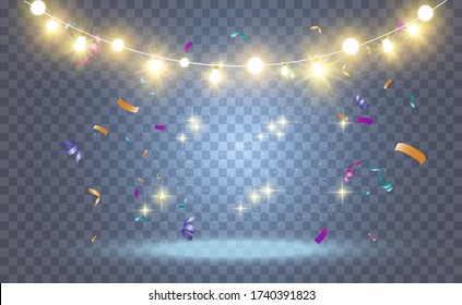 Montones de pequeños confetti coloridos y cintas sobre un fondo transparente. Festividad y fiesta. Fondo multicolor.Confeti colorido y brillante aislado en un fondo transparente
