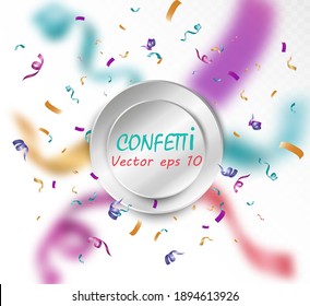 Viele farbenfrohe kleine Konfetti und Bänder auf transparentem Hintergrund. Festliche Veranstaltung und Feier. mehrfarbiger Hintergrund.Farbige, helle Konfetti einzeln auf transparentem Hintergrund	