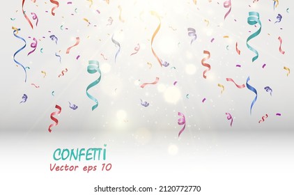 Viele farbenfrohe kleine Konfetti und Bänder auf transparentem Hintergrund. Festliche Veranstaltung und Feier. mehrfarbiger Hintergrund.Farbige, helle Konfetti einzeln auf transparentem Hintergrund	
