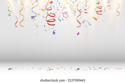 Lots of colorful tiny confetti and ribbons on transparent background. Festive event and party. Multicolor background.Colorful bright confetti isolated on transparent background	