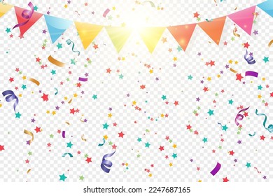 Lots of colorful tiny confetti and ribbons on transparent background. Festive event and party. Multicolor background.Colorful bright confetti isolated on transparent background.